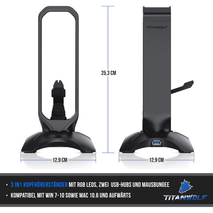 Підставка для ігрових навушників Titanwolf з LED підсвіткою, USB-хабом 2x USB 3.2 Gen1, мишебанджі, 6 RGB кольорів, зміна підсвітки
