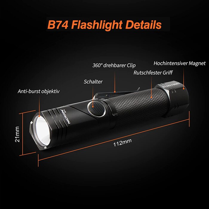 NICRON B74 LED ліхтарик 90° з магнітом, 700 люмен, 5 режимів, акумуляторний, IP65, для туризму, аварій, біле світло, з функцією пам'яті