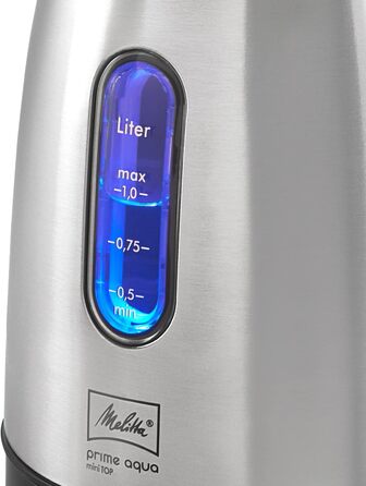 Електрочайник MELITTA Prime Aqua Mini Top 1,0 л, 2200 Вт, нержавіюча сталь, зовнішній індикатор рівня води