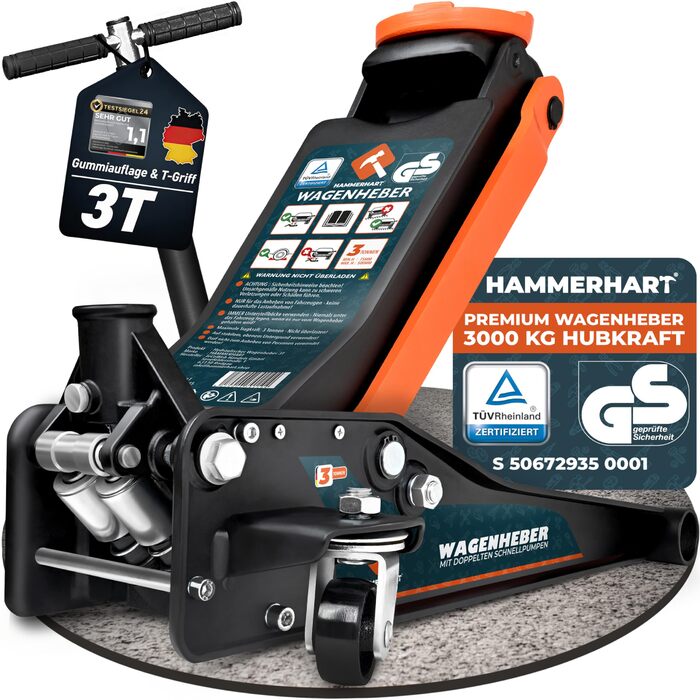 Гідравлічний домкрат HAMMERHART 3T з низьким профілем, 75-505мм, колеса 360°, подвійний поршень, гумова накладка, Т-ручка - Преміум якість