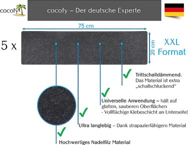 Cocofy Набір килимків для сходів, 5 шт, самоклеючі, фетр, 75x20 см, темно-сірі, для внутрішнього використання