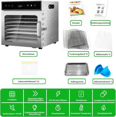 Сушарка для продуктів електрична oiyocemo 8 ярусів, нержавіюча сталь, 500W з книгою рецептів - для м'яса, фруктів, овочів, трав