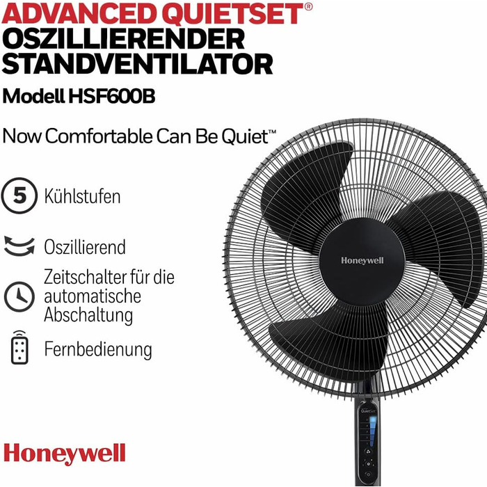 Вентилятор Honeywell Advanced QuietSet, підлоговий, 5 швидкостей, осциляційний, з таймером, регулюванням висоти та пультом ДУ, тихий