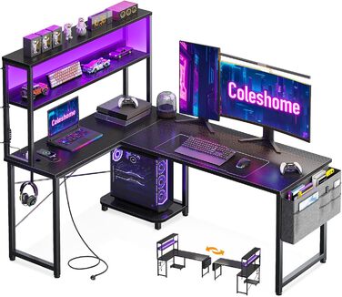 Ігровий стіл Coleshome L-подібної форми з LED підсвічуванням та розетками, 135 × 100 см. Реверсивний стіл з полицями для зберігання, ігровий кутовий стіл з сумкою для дому та геймінгу, чорний (135x100 см)