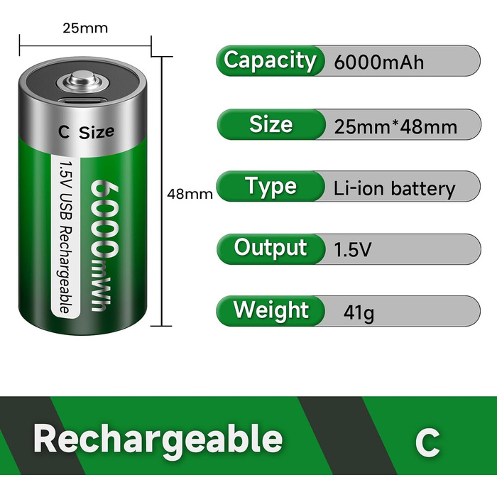 Акумулятори типу C (LR14) 1.5V 6000mWh літієві перезарядні, 4 шт. з USB-C кабелем для швидкої зарядки