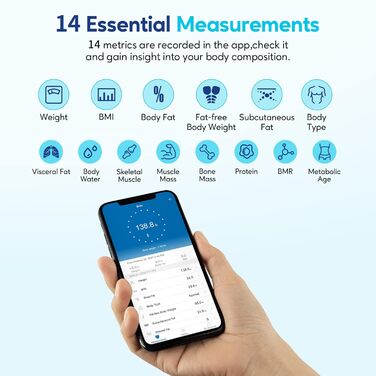 Arboleaf електронна ваги для вимірювання жирової маси тіла з Bluetooth, аналізатор складу тіла, додаток, до 180 кг, визначає ІМТ, пульс, м’язи, воду, білок, скелетні м’язи, BMR