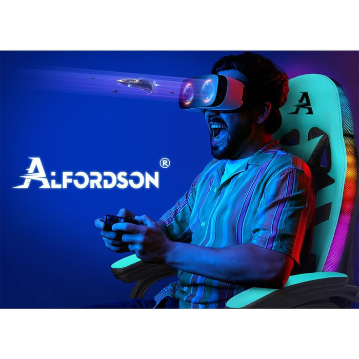 Ігрове крісло ALFORDSON з масажем, RGB LED, ергономічне, з підніжкою, підголівником і лумбарною подушкою, блакитне