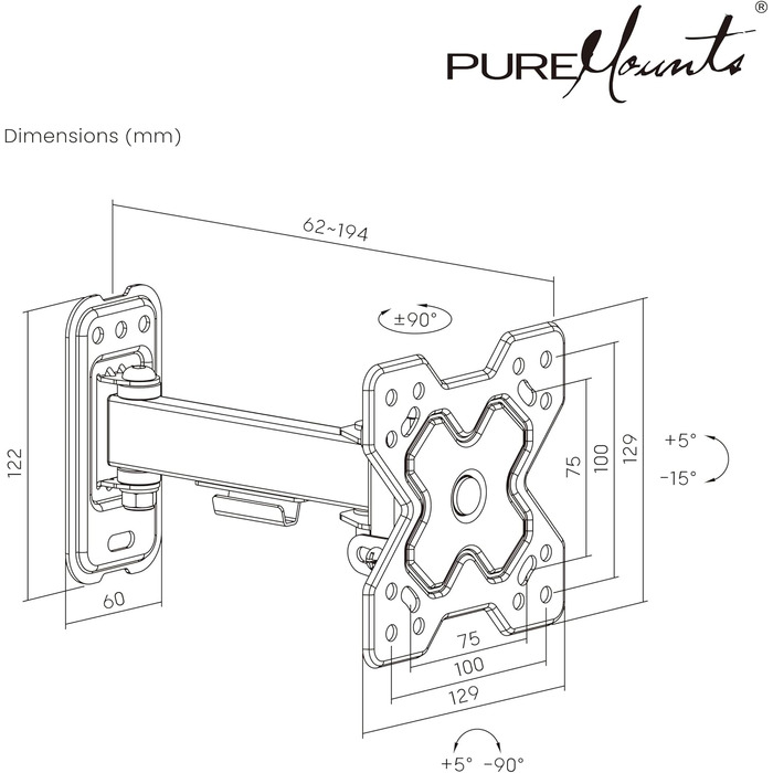 Настінний кронштейн для ТБ та монітора PureMounts, нахильний та поворотний, VESA 100x100 мм, для екранів 13-32 дюйми до 20 кг, чорний