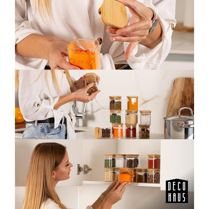Набір скляних банок для спецій Deco haus® з дерев'яними кришками (10 шт.) - Набір контейнерів для спецій, кухонні баночки, зберігання спецій