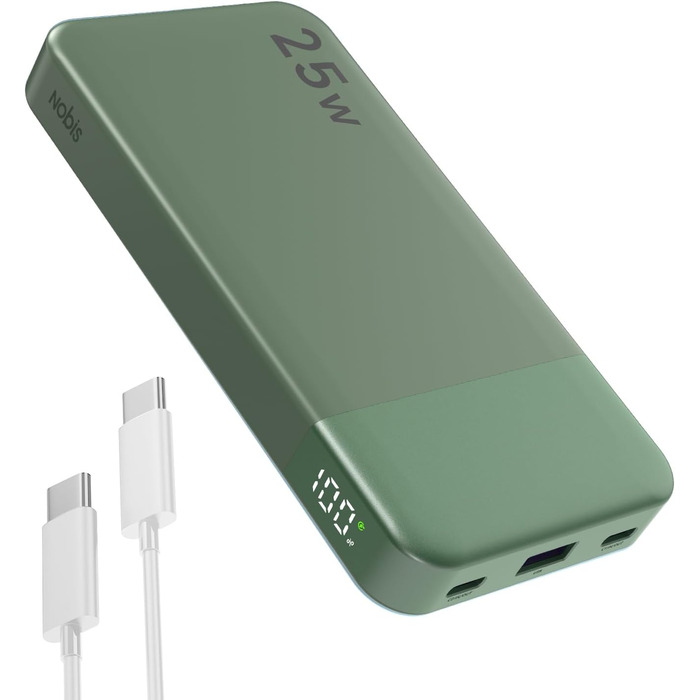 Power Bank NOBIS 10000mAh з цифровою індикацією, USB-C, швидка зарядка PD QC, 25W, зелений