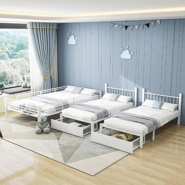 Трьох'ярусне металеве ліжко Merax з двома шухлядами, дитяче ліжко з безпечною драбиною та місцем для зберігання, для хлопчиків і дівчаток, 90/140x200 см, білий колір (без матраца)