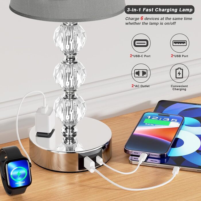 Настільна лампа Kakanuo з кришталем, сенсорне димування, 2 шт, LED, USB-A+C, сірою текстильною абажурою, для спальні, вітальні, офісу, готелю, 37 см