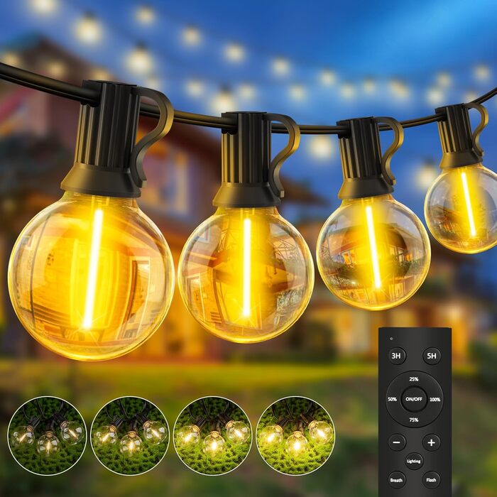 Ланцюжок прикрас LED для вулиці: 20M, 65ft, G40, для саду, балкону, павільйону, тераси, вечірки, з пульт дистанційного керування, IP44, вологостійкий, 20M