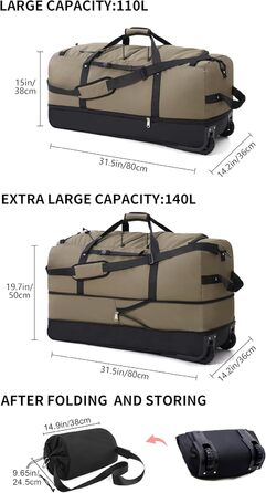 YHYEH розширювана дорожня сумка 110/140 л, 80 см, з 2 колесами, для подорожей, спорту, з еластичним шнуром, армійсько-зелена
