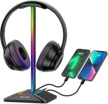 Підставка для навушників New Bee з RGB підсвіткою, USB Type-C зарядкою та передачею даних, універсальний тримач для геймерських навушників, чорний