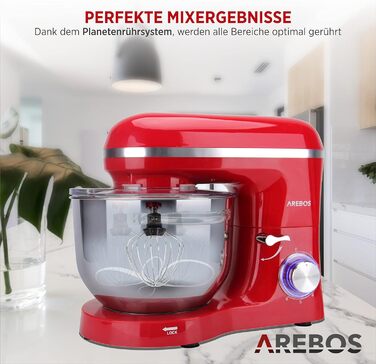 Кухонна машина Arebos 1500W з чашею 6L з нержавіючої сталі | Змішувач, гак для тіста, вінчик | Кришка від бризок | 6 швидкостей | Кухонний комбайн | Машина для тіста (червона)