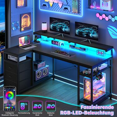 Ігровий стіл L-подібний з LED підсвіткою, 3 шухляди, USB-порт, розетка, чорний 140x80 см