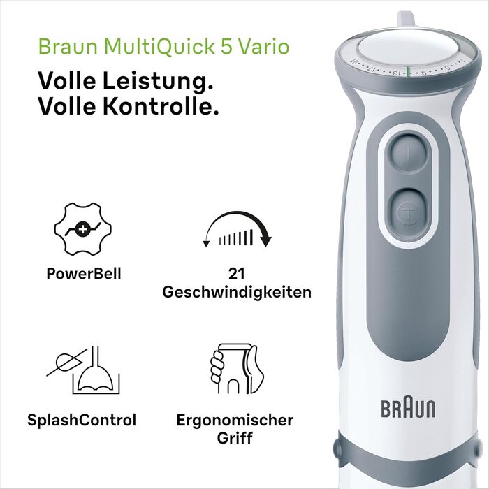 Блендер Braun MultiQuick 5 Vario MQ5235WH, 1000 Вт, нержавіюча сталь, комплект насадок, білий/сірий, енергоефективний