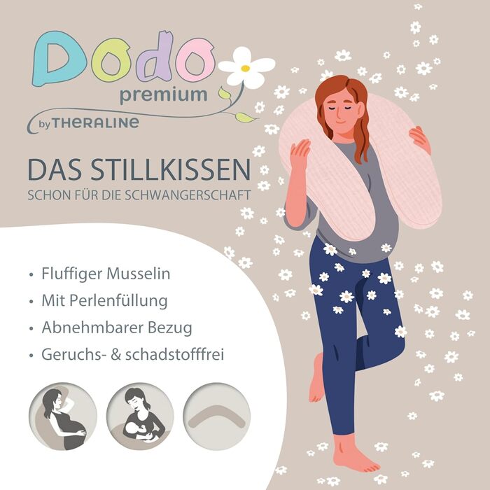 Подушка для вагітних та годування Theraline Dodo Pillow Premium 180 см, мусліновий чохол (100% бавовна), бежева