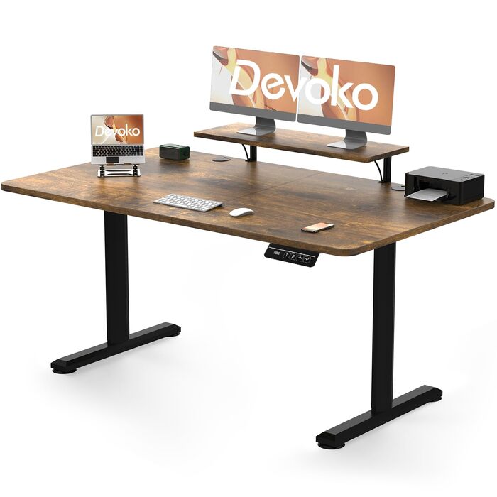 Електричний регульований стіл Devoko 160x70 см з підставкою для монітора, Vintage Brown. Ергономічне стояче робоче місце з пам'яттю висоти