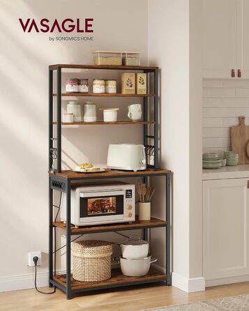 Стелаж кухонний VASAGLE з розетками, 6 полиць, гачки, сталевий каркас, 40 x 80 x 167 см, вінтажний коричневий + чорний, KKS119K06 80B cm