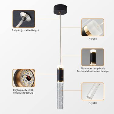 Сучасна кришталева підвісна люстра SXLXQM, LED, диміруєма, 3 кольори, регульована висота, чорний та золотий, для кухонного острова, спальні, їдальні