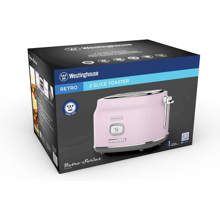 Тостер Westinghouse Retro Pink, 2 тости, широкі слоти, підставка для підігріву, 815 Вт