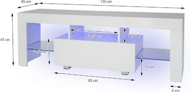 ТВ тумба ML-Design з дерева з LED підсвічуванням і скляною полицею, біла, без ручок, сучасна, 130x49x45 см, для вітальні