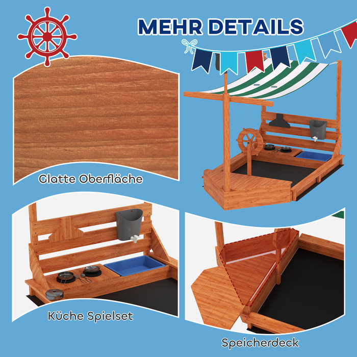 Outsunny Sandpit Sandpit великий з кришкою в дизайні корабля Грязьовик з дерева Вітрильний корабель Ігровий будиночок з кухнею Ігровий набір для зберігання для дітей 3-7 років Помаранчевий 180 x 103 x 144.5 см