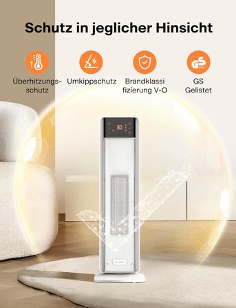 Керамічний електрообігрівач PELONIS 2000W з термостатом, дистанційним керуванням, 75° обертанням, таймером 24 години, енергозберігаючий, тихий, для спальні, 58 см, білий
