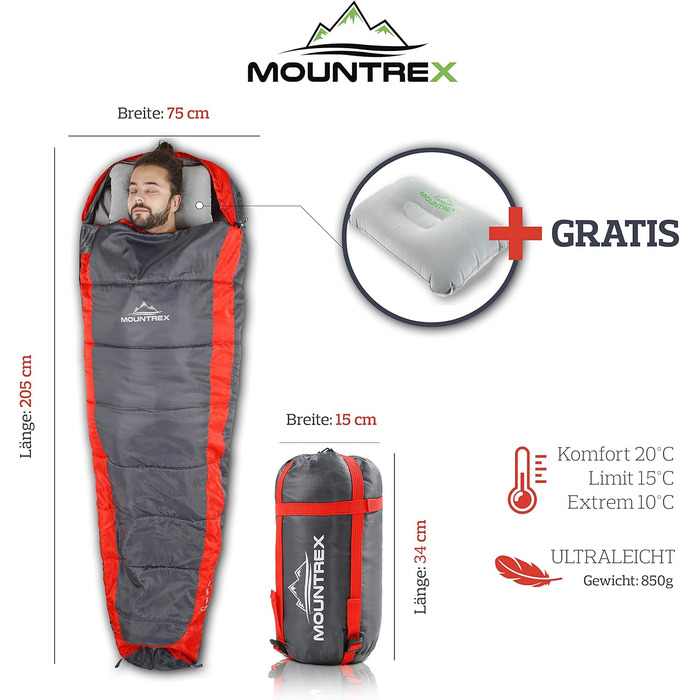 Спальний мішок MOUNTREX ультралегкий та компактний 850г, літній, мумія 205x75см, для підлітків і дорослих, з бонусною подушкою, для туризму та кемпінгу