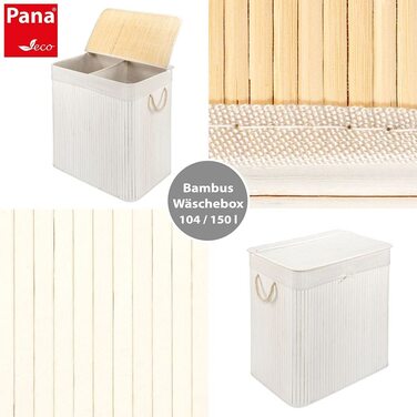 Бамбуковий кошик для білизни PANA ECO з кришкою, складний, 150 л, білий, для ванної, з мішком, 100% бамбук