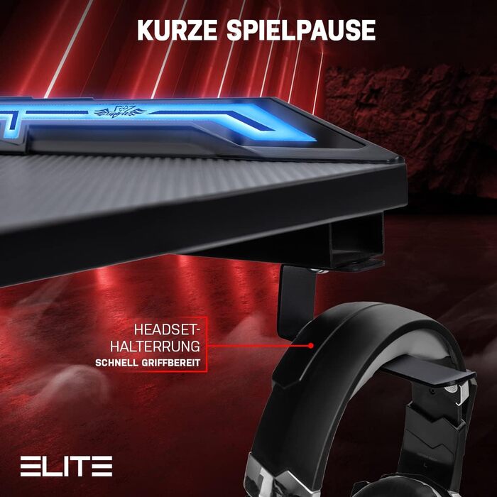 Ігровий стіл ELITE Rocksolid 2.0 чорний RGB з LED-підсвічуванням, тримачем для гарнітури та напоїв, органайзером для кабелів, комп'ютерний стіл для геймерів