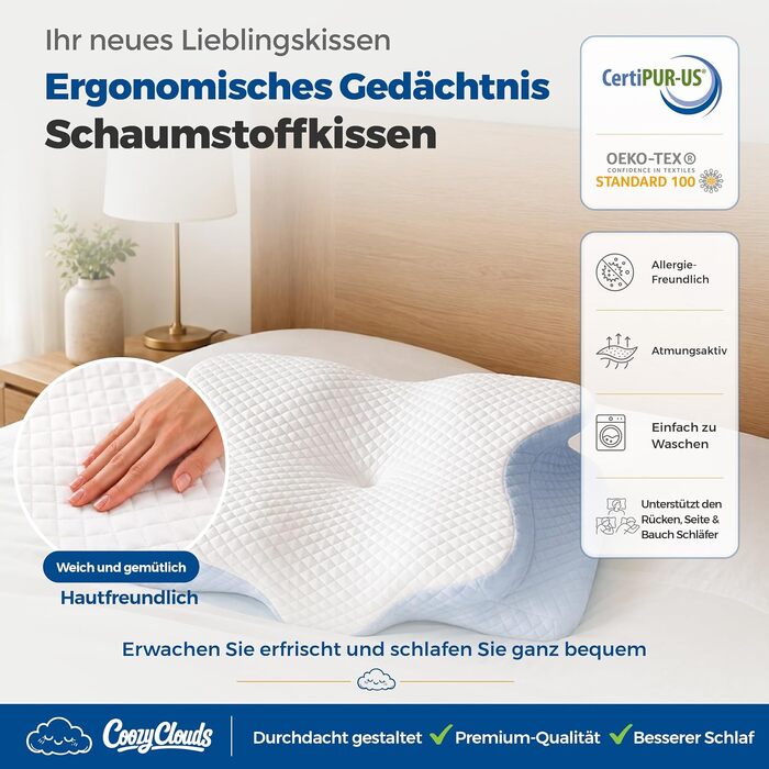Ортопедична подушка для шиї та голови Premium Memory Foam у формі метелика, ергономічна подушка з ефектом пам'яті для сну на боці та спині, зі знімним чохлом (Sky Breeze Blue)