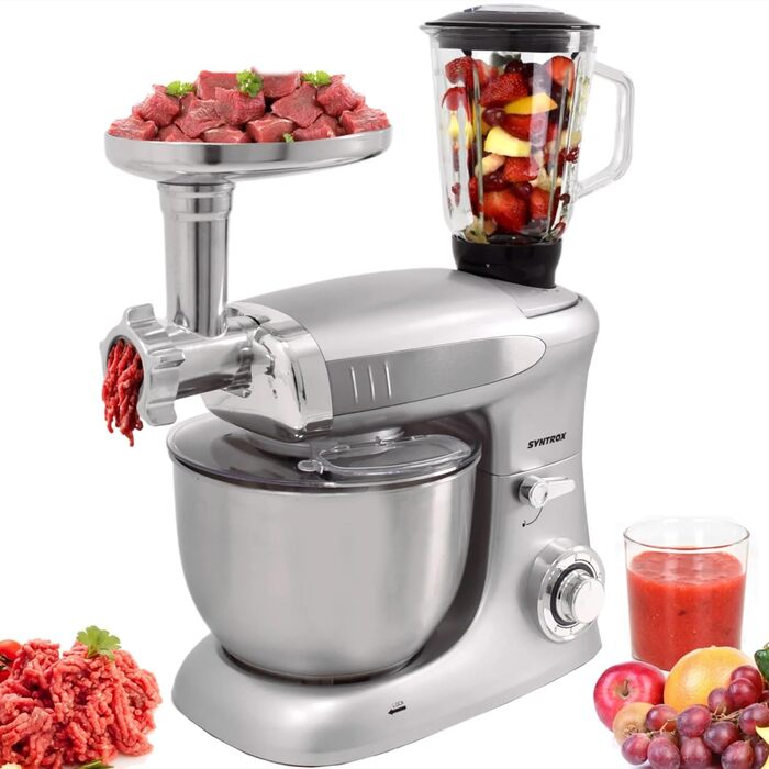 Кухонна машина Syntrox Germany Deluxe 1300 Вт, міксер і м’ясорубка 2-в-1, з аксесуарами, срібляста