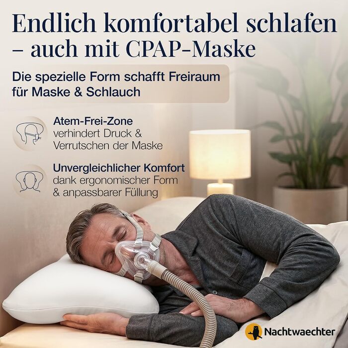Ортопедична подушка LINA для сну на боці та користувачів CPAP-терапії при апное сну (подушка + 2 білі наволочки), Nachtwaechter