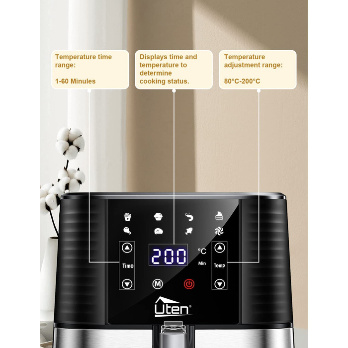 Аерофритюрниця Uten 5,5 л XXL з LED-екраном, 7 програм, 1700 Вт, без жиру, нержавіюча сталь, антипригарний кошик, функції попереднього нагріву та підтримки тепла