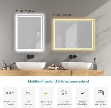 Дзеркало для ванної кімнати EMKE з підсвічуванням 80x60 см, LED, з датчиком руху, сенсорне, проти запотівання, 3 кольори світла, регулювання яскравості, таймер 1 год, IP44, енергозберігаюче