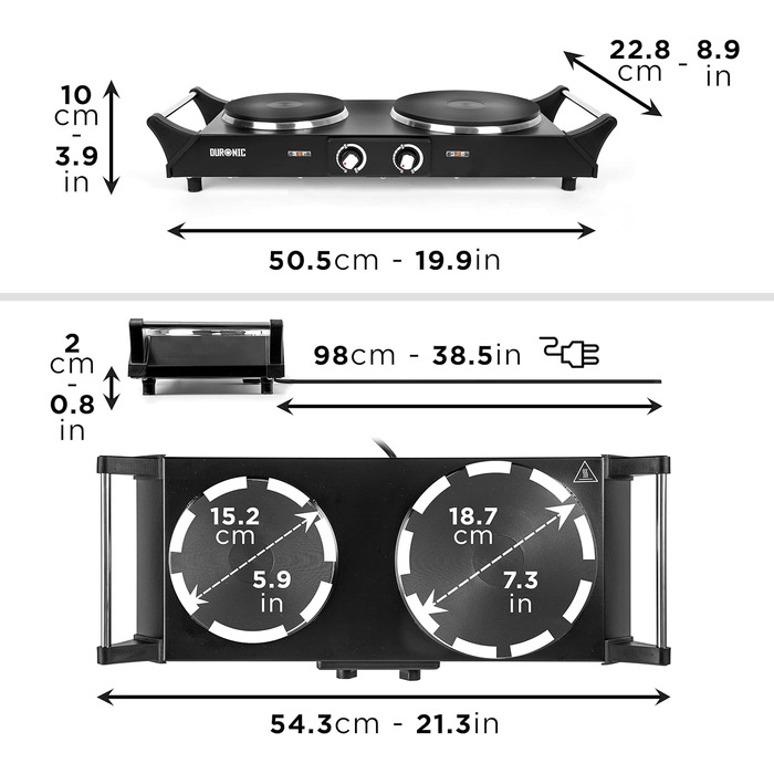 Електрична плита Duronic HP2 BK 1500 Вт, подвійна, чавунні конфорки 20 і 15 см, мобільна, з ергономічними ручками та регульованим термостатом — альтернатива кухонній плиті