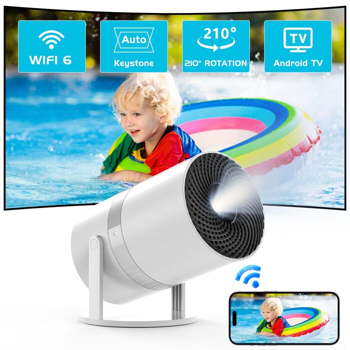 Міні-проектор Smart Beamer з Android OS, WiFi 6 та Bluetooth, Full HD 1080P, поворот на 210°, автокоррекція трапеції та 50% зум для дому та вулиці