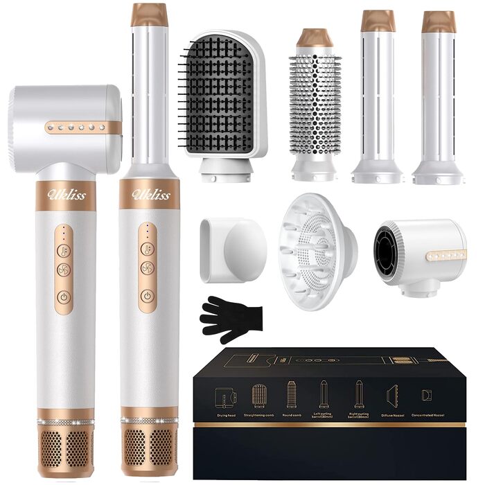 UKLISS Hairstyler 7 в 1: Професійний фен-щітка, стайлер для волосся, набір для укладки з повітряним обдувом 110 000 об/хв, білий