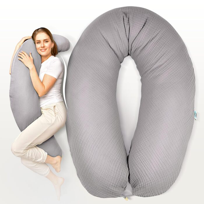 Подушка для вагітних та годування sei Design XXL (190x35 см), ергономічна подушка для сну з чохлом з біо-бавовни муслін, колір тауп