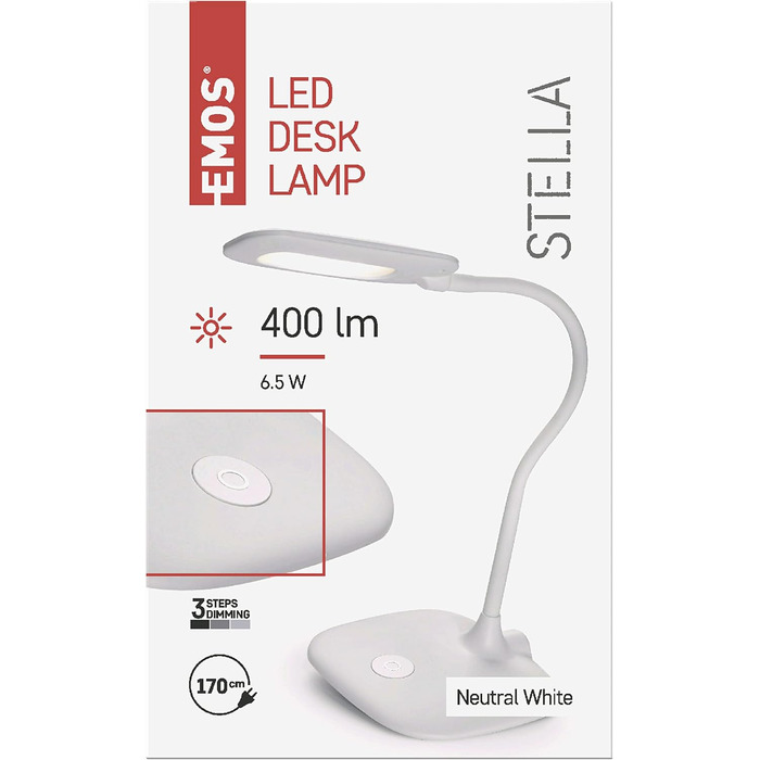 Настільна LED-лампа EMOS STELLA, 6,5 Вт, 400 лм, 4000K, гнучкий корпус, біла