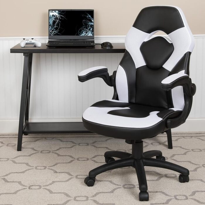 Ігрове крісло Flash Furniture X10, ергономічне, з регульованою спинкою, для комп'ютера і геймінгу, LeatherSoft, біло-чорне