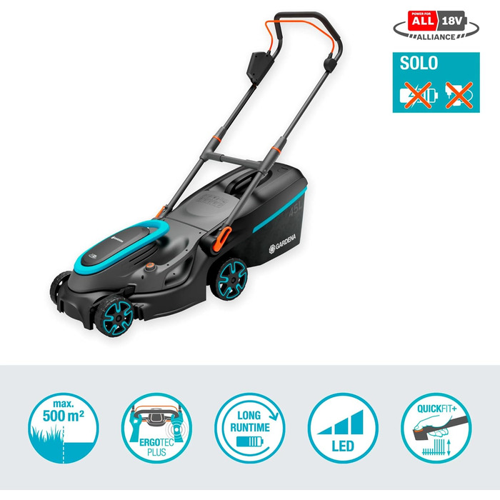Акумуляторний газонокосарка Gardena PowerMax 37/36V P4A Ready-to-Use Set: для газонів до 350 м², ширина косіння 37 см, об'єм збору 45 л, центральне регулювання висоти, двигун PowerPlus з Eco-режимом