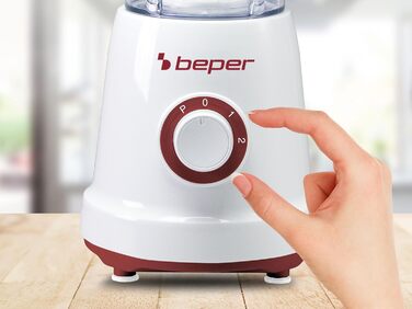 Стаціонарний блендер BEPER P102FRU500, 1,5 л, 500 Вт, 4 знімні леза з нержавіючої сталі, 2 швидкості та імпульсний режим, кришка з отвором, нековзка основа, червоний