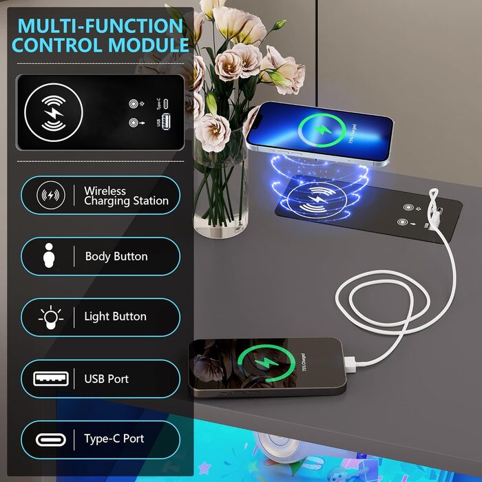 Сучасна тумба приліжкова LVSOMT з LED-підсвіткою, 2 шухляди, USB та Type-C зарядка, чорна, для спальні та вітальні