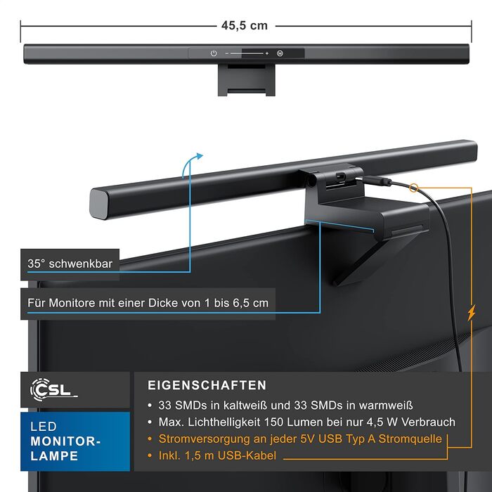 LED-лампа для монітора CSL Screenbar USB з пультом, регулювання яскравості, 3 колірні температури, захист очей, поворотна