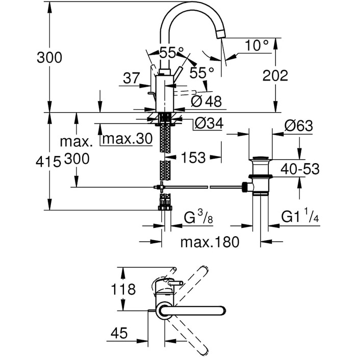 Змішувач для раковини GROHE Concetto одноручкий з QuickFix, хромований, з U-виливом 23739002