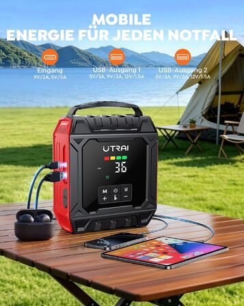 Пусковий пристрій UTRAI 7000A з компресором 160 PSI та Powerbank для авто (бензин та дизель до 12л), магнітний ліхтар 1000 Лм, червоний